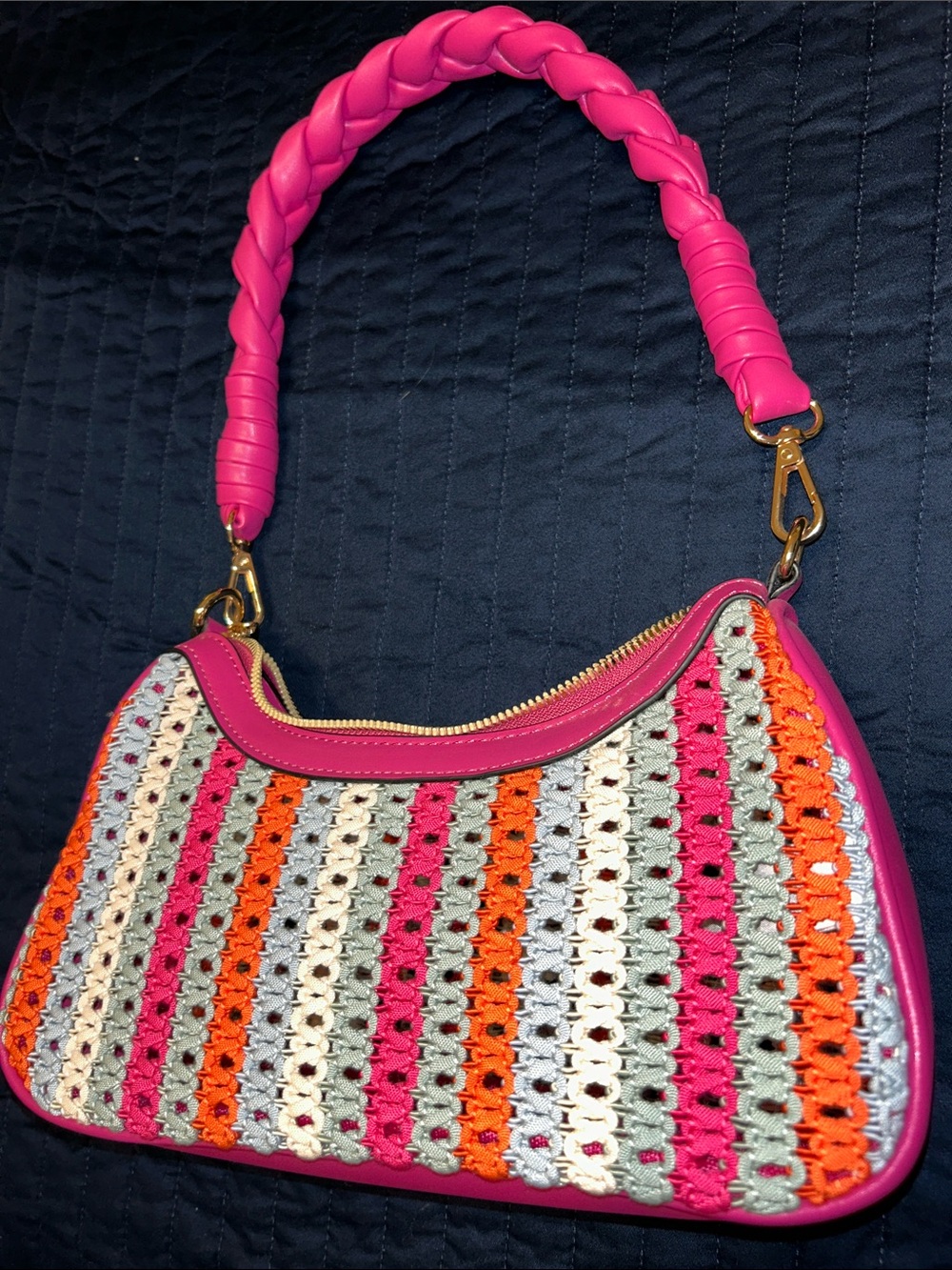 Aldo Hot Pink Woven Crochet Shoulder Bag with Multicolor Stripes